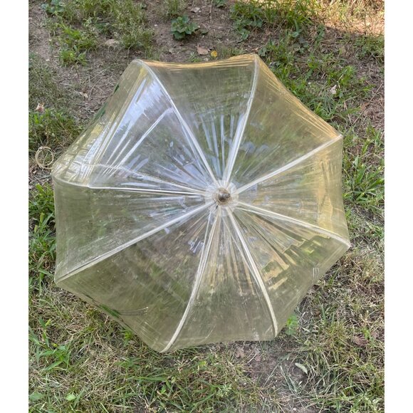 Vintage 1960s Clear Vinyl Bubble Umbrella Green Flowers & Handle - Picture 14 of 16
